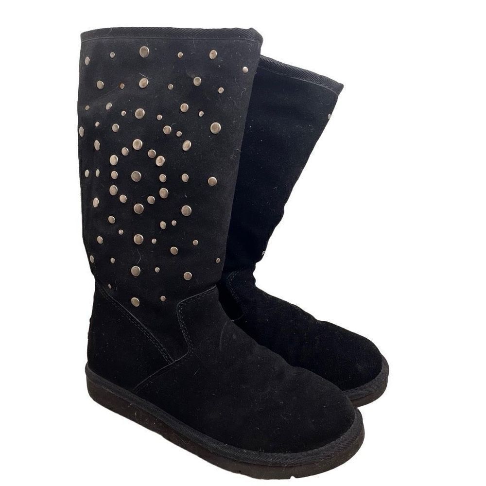 UGG Classic Rock Star Stud Tall Leather Sheepskin Shearling Winter Boots Black 7